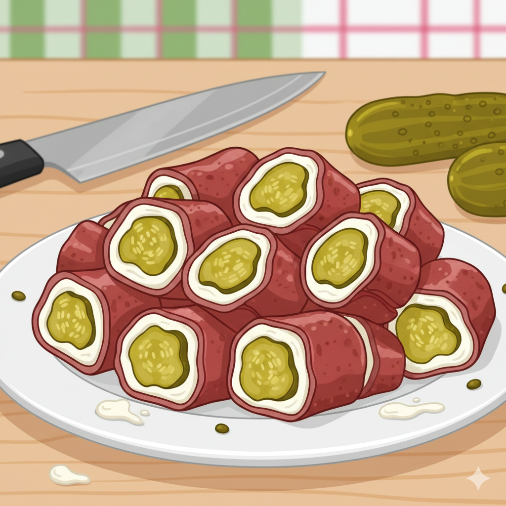 Cartoon plate of sliced pickle roll-ups